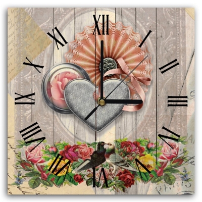Wall Clock Two Lovebirds Among The Flowers - Wall Decoration