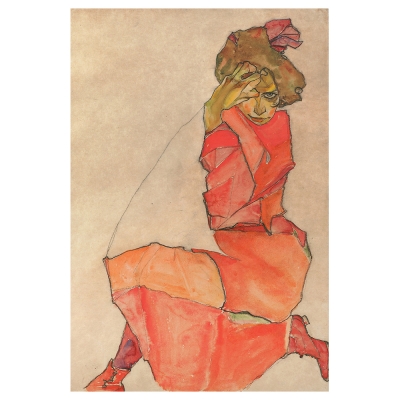 Tableau, Impression Sur Toile - Femme À Genoux En Robe Orange-Rouge Egon Schiele - Décoration murale