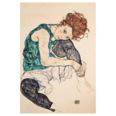 Cuadro Lienzo, Impresión Digital - Mujer Sentada Con La Pierna Izquierda Levantada - Egon Schiele - Decoración Pared