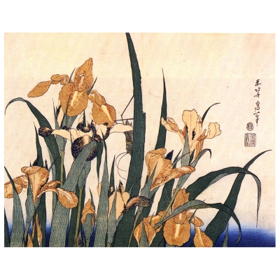 Kunstdruck auf Leinwand - Iris Blumen und Heuschrecke Katsushika Hokusai - Wanddeko, Canvas
