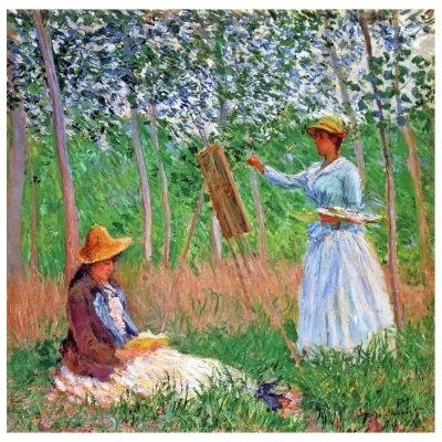 Kunstdruck auf Leinwand - Im Wald von Giverny (Blanche Hoschedé an ihrer Staffelei mit Suzanne Hoschedé beim Lesen) Claude Monet - Wanddeko, Canvas