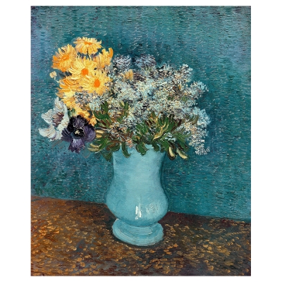 Quadro em Tela, Impressão Digital - Vaso com Lilás, Margaridas e Anêmona - Vincent Van Gogh - Decoração de Parede