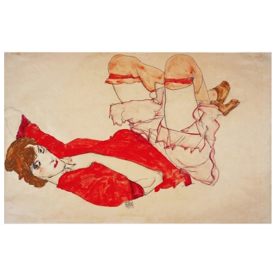 Kunstdruck auf Leinwand - Wally in roter Bluse mit erhobenen Knien Egon Schiele - Wanddeko, Canvas